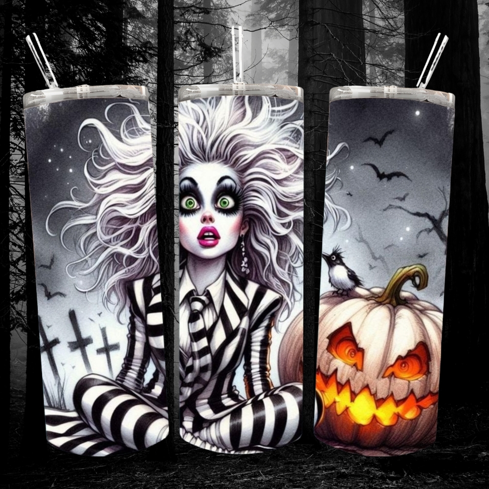 Pin Up Beetle Juice 20 Oz Tumbler with Spooky Design Made To Order